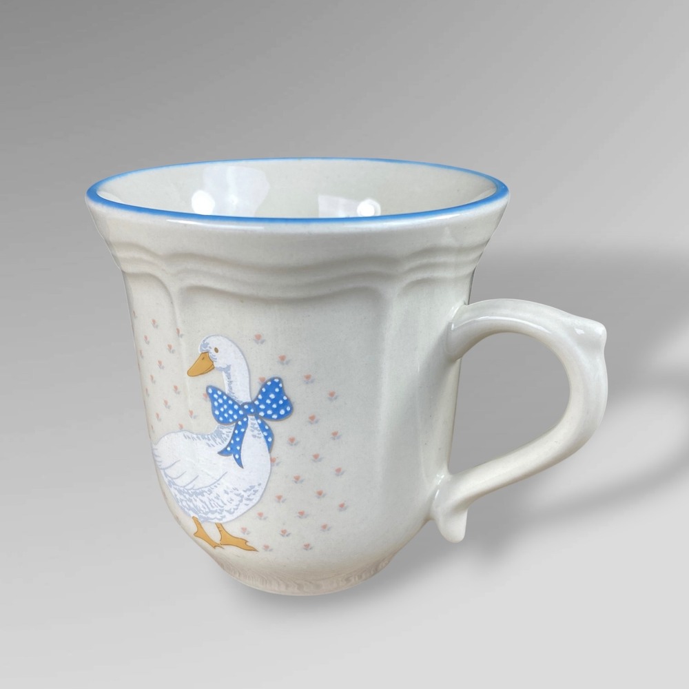 1980s Ribbon Goose Mug Brickoven Stoneware Country Goose Coffee Cup Blue Cream
